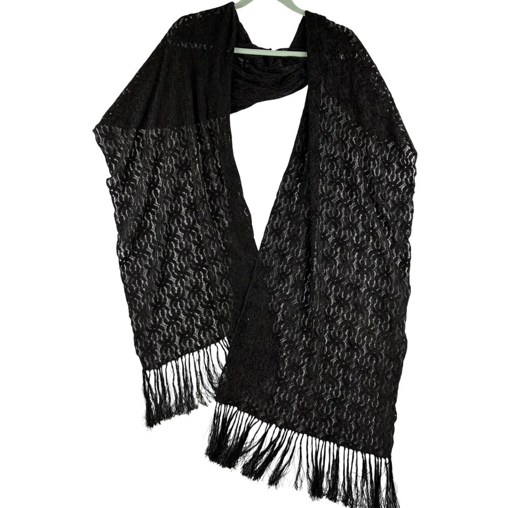 Black Knit Evening Wrap Scarf Fringe Whimsigoth Dark Romantic Floral Witchy